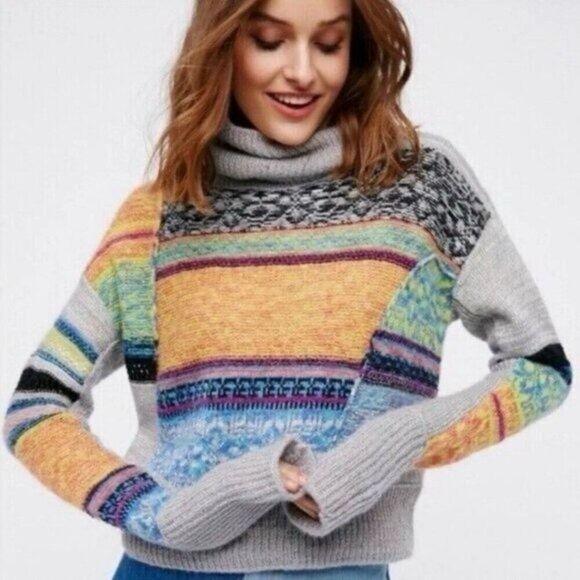 Free People Large This and That Stripe Multicolor Mix Print Knit Turtleneck Swea - Picture 1 of 8
